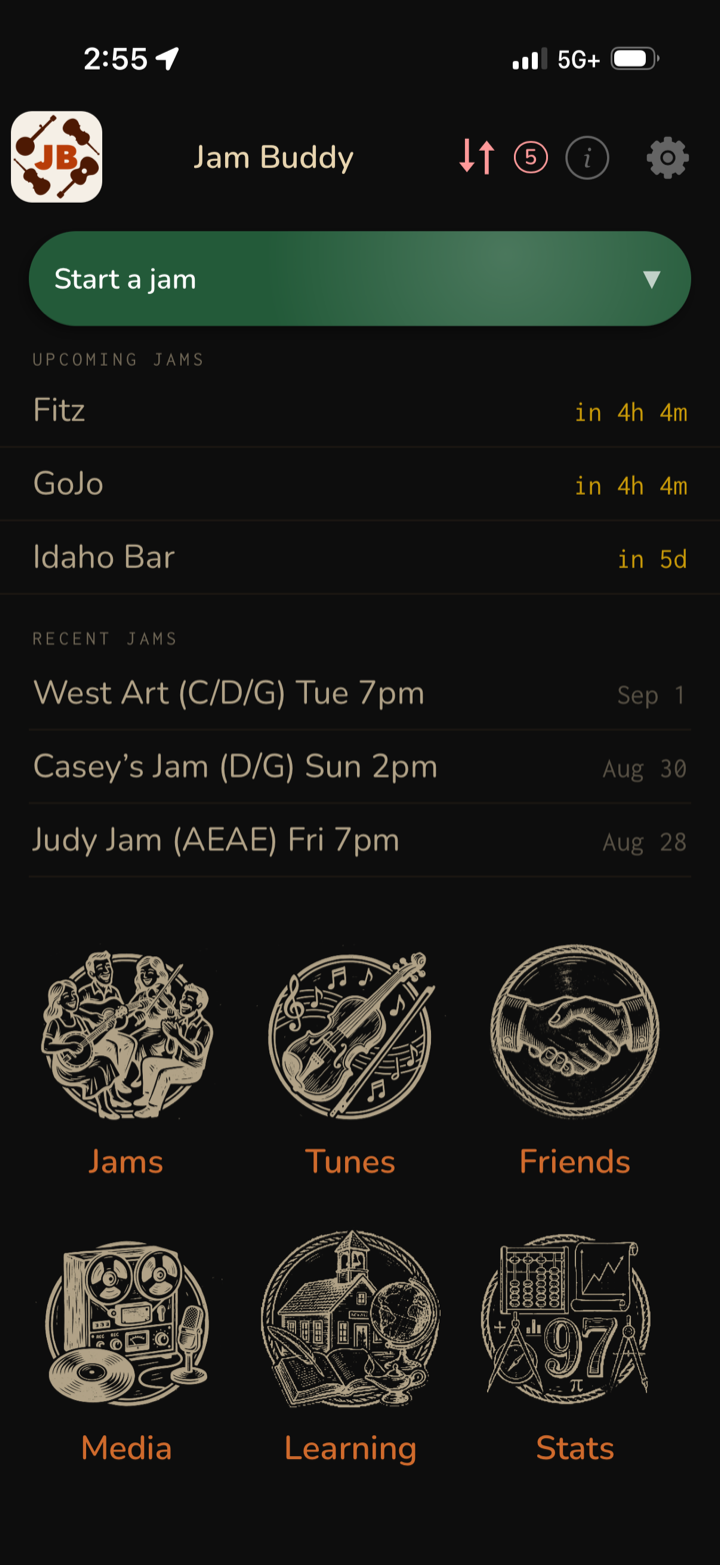 Jam Buddy home screen showing a Start a jam button, upcoming jams with countdowns, recent jams, and the Jams, Tunes, Friends, Media, Learning, and Stats sections.