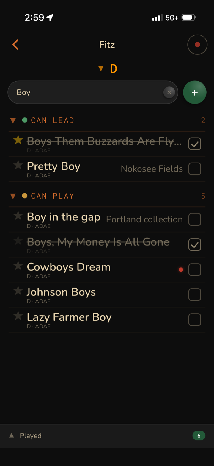 Jam Buddy tune list during a jam, filtered to the key of D, showing Can Lead and Can Play groups with tunes checked off as played.